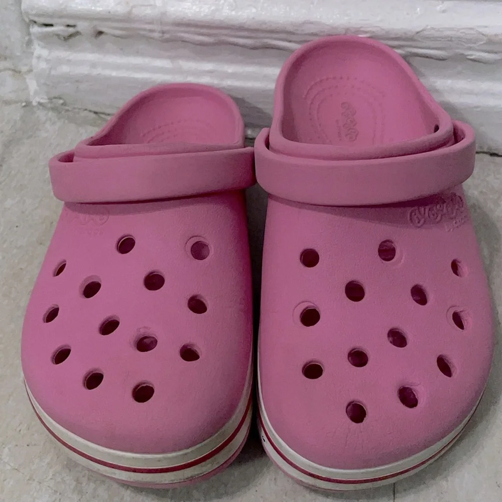 Crocs Pink Crocband Clogs Shoes Pink & White Size 2J